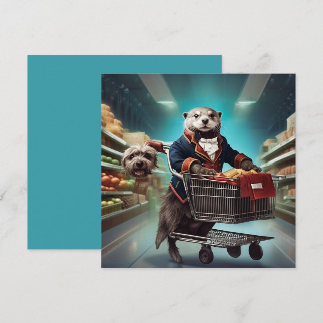 Cartes Pour Fêtes Annuelles Otter costumé avec fantômes animaux au supermarché (Devant / Derrière)