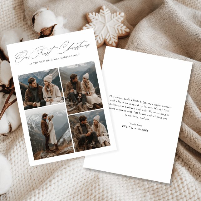 Cartes Pour Fêtes Annuelles Our First Christmas 4 Photo Script Newlyweds (Créateur téléchargé)