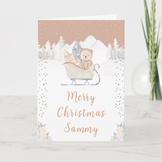 Cartes Pour Fêtes Annuelles Ours d'hiver Brown Sleigh Joyeux Noël (Devant)