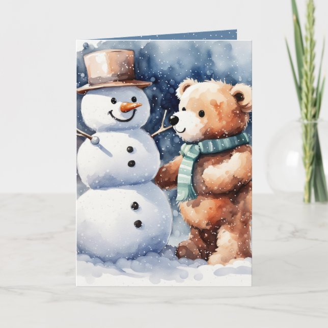 Cartes Pour Fêtes Annuelles Ours en peluche de Noël avec Snowman (Devant)