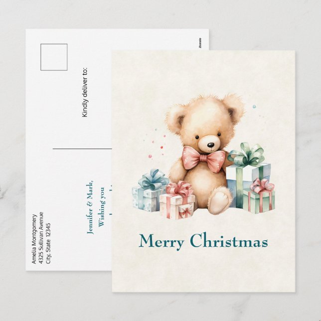 Cartes Pour Fêtes Annuelles Ours en peluche mignonne avec cadeaux de Noël (Devant / Derrière)