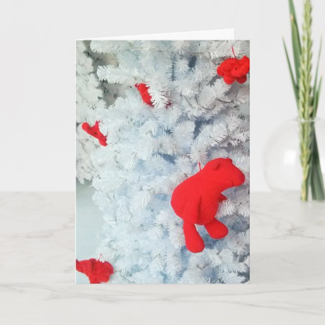 Cartes Pour Fêtes Annuelles Ours en peluche rouge dans l'arbre de Noël (Devant)