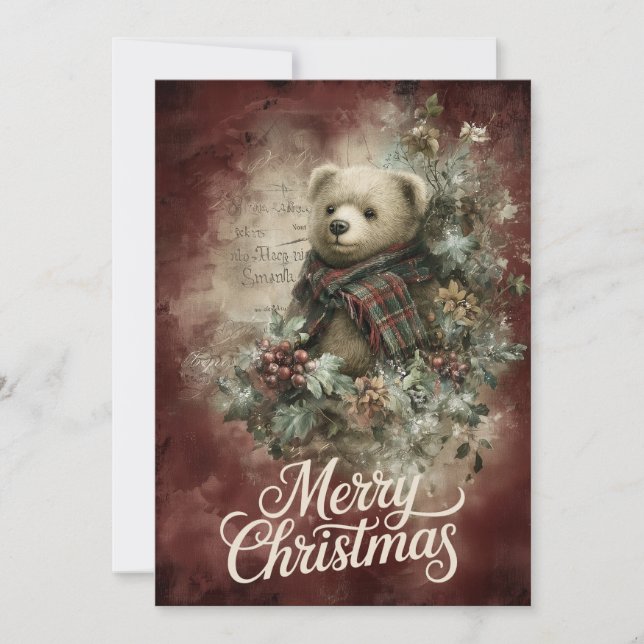 Cartes Pour Fêtes Annuelles Ours en tartan & Couronne de poinsettias (Devant)