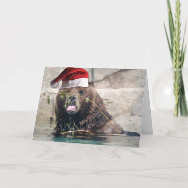 Cartes Pour Fêtes Annuelles Ours grizzli dans un chapeau de Père Noël (Devant)