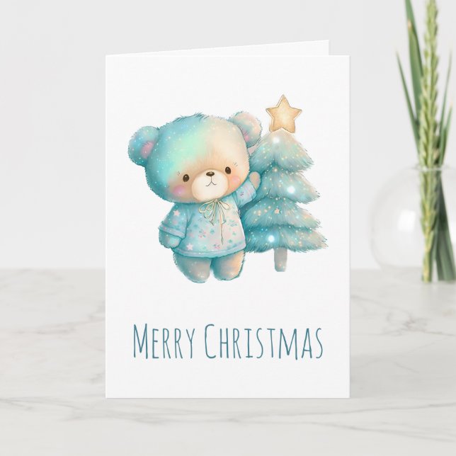 Cartes Pour Fêtes Annuelles Ours mignon et sapin de Noël (Devant)