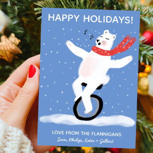 Cartes Pour Fêtes Annuelles Ours polaire à monocycle chante Noël personnalisé