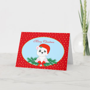Cartes Pour Fêtes Annuelles Ours polaire de Noël mignon sur bleu clair et roug