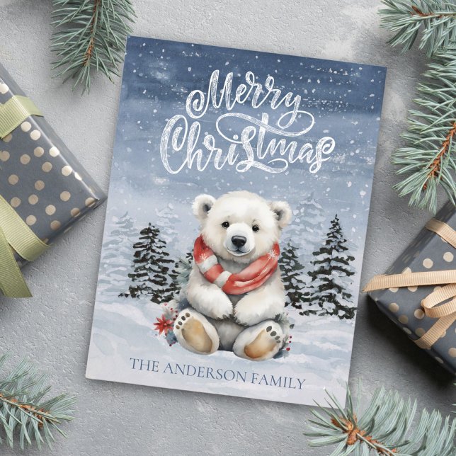 Cartes Pour Fêtes Annuelles Ours polaire douillet avec écusson rouge Noël plat (Cozy Polar Bear with Red Scarf Flat Christmas Holiday Postcard)