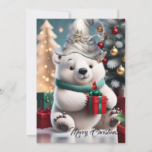 Cartes Pour Fêtes Annuelles Ours polaire moelleux de noël avec cadeau.