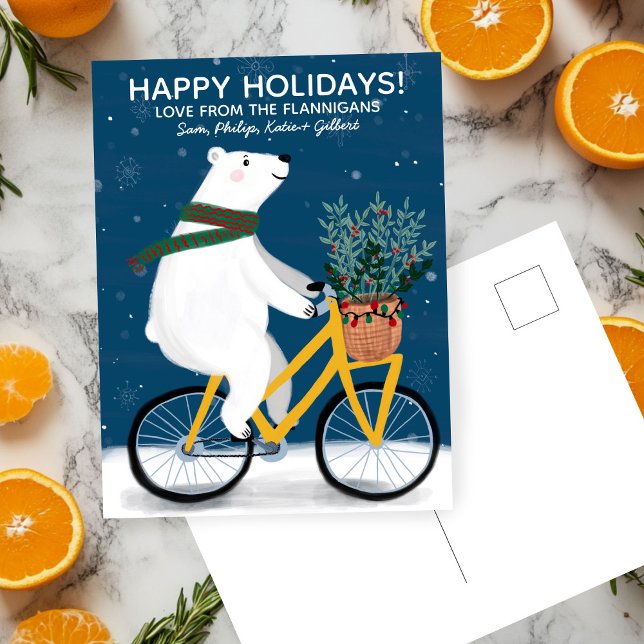 Cartes Pour Fêtes Annuelles Ours polaire sur vélo joli Noël personnalisé (Polar Bear on Bike Cute Christmas Custom Holiday Postcard - add your own text
)
