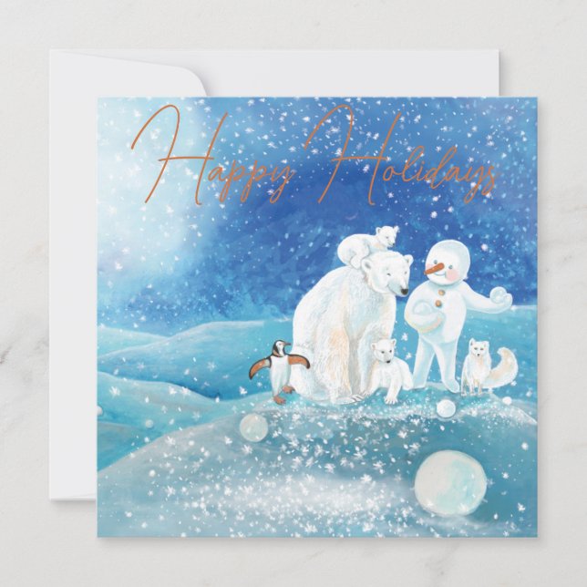 Cartes Pour Fêtes Annuelles Ours polaires, renard, manchot et bonhomme de neig (Devant)