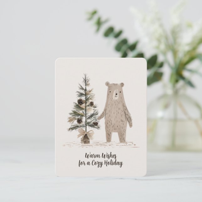 Cartes Pour Fêtes Annuelles Ours rustique en bois avec arbre de Noël (Debout devant)