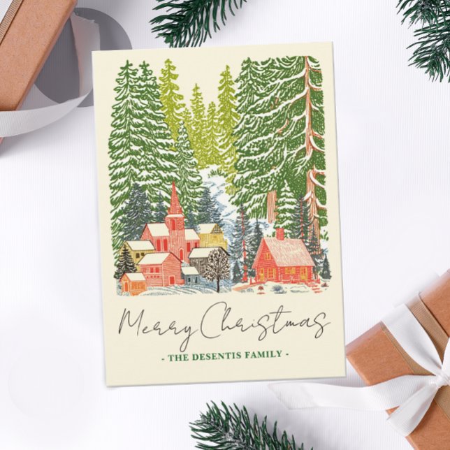Cartes Pour Fêtes Annuelles Outdoorsy Mountain Town Linocut Noël (Créateur téléchargé)