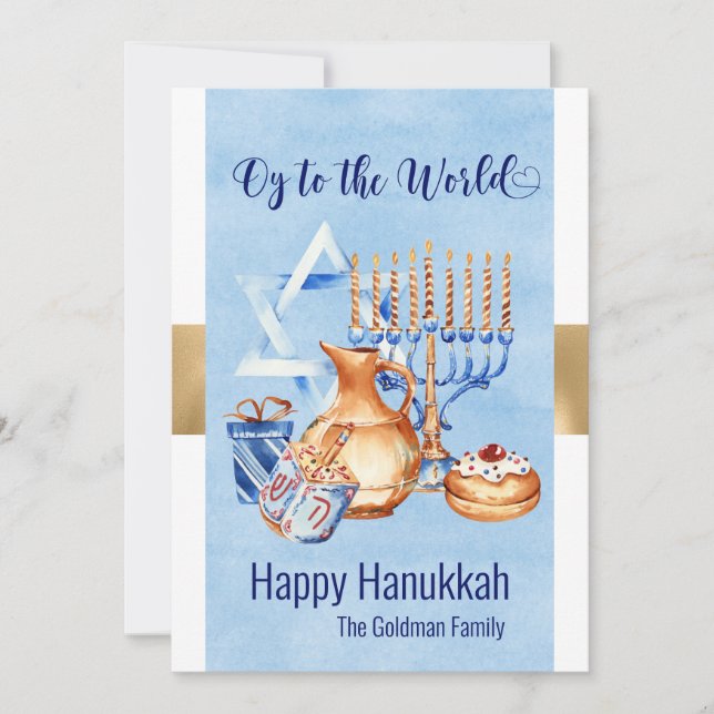 Cartes Pour Fêtes Annuelles Oy to the World Blue Gold Hanoukka (Devant)