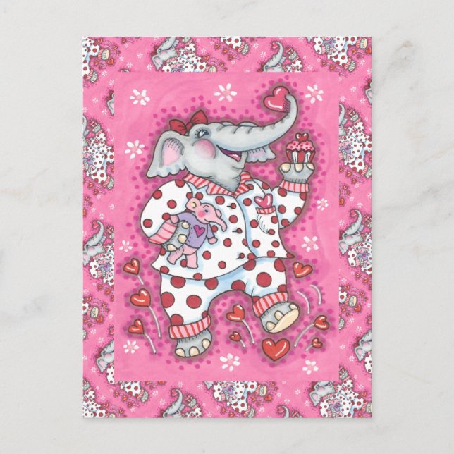 CARTES POUR FÊTES ANNUELLES PACHYDERME CHÈRE EN PAJAMAS ROSE, COUPCAGE CARDIAQ (Devant)
