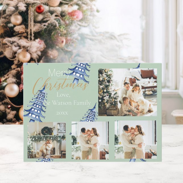 Cartes Pour Fêtes Annuelles Pagode de Noël bleu Sage 5 photos (Sage blue Christmas Pagoda Trees 5-Photo Holiday Card)