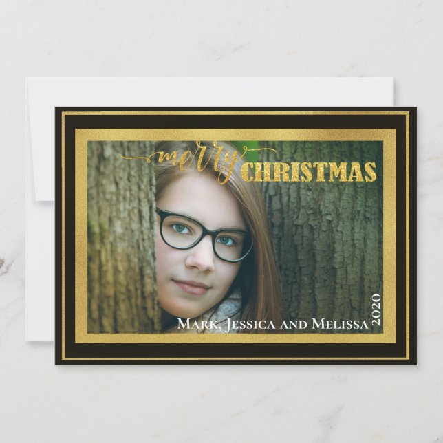 Cartes Pour Fêtes Annuelles Paillettes dorées ~ Joyeux Noël Photo personnalisé (Devant)