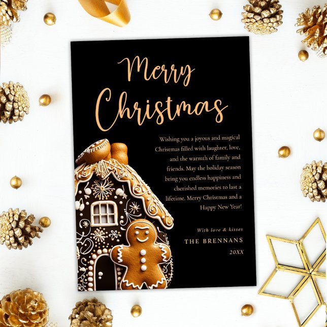 Cartes Pour Fêtes Annuelles Pain d'épices Noir Joyeux Noël (Gingerbread Gold Black Merry Christmas Holiday Card)