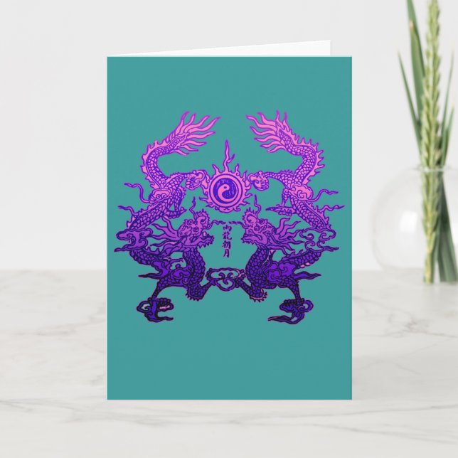 Cartes Pour Fêtes Annuelles Paires de dragons pourpres sur les cadeaux et (Devant)