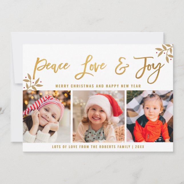 Cartes Pour Fêtes Annuelles PAIX AIMER JOIE | écriture or noël (Devant)