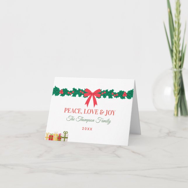 Cartes Pour Fêtes Annuelles Paix Amour et Joie Vert Rouge Feuillage d'Hiver (Devant)