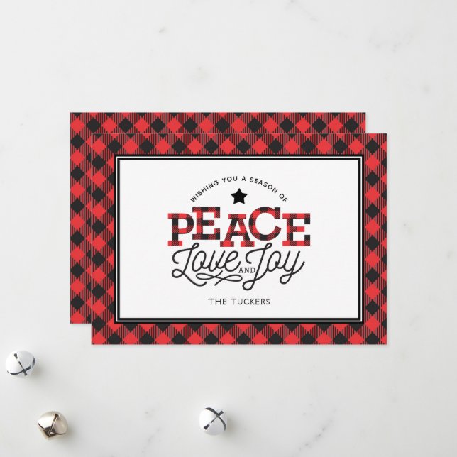 Cartes Pour Fêtes Annuelles PAIX Amour Joy Buffalo Plaid Border (Devant/Arrière en situation)