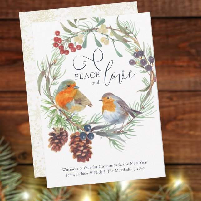 Cartes Pour Fêtes Annuelles Paix et amour Noël Robin Mistletoe Pine Wreath (Créateur téléchargé)