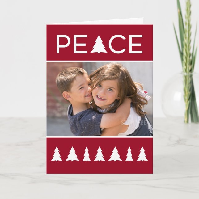 Cartes Pour Fêtes Annuelles Paix moderne Bourgogne blanc Arbres avec votre pho (Devant)