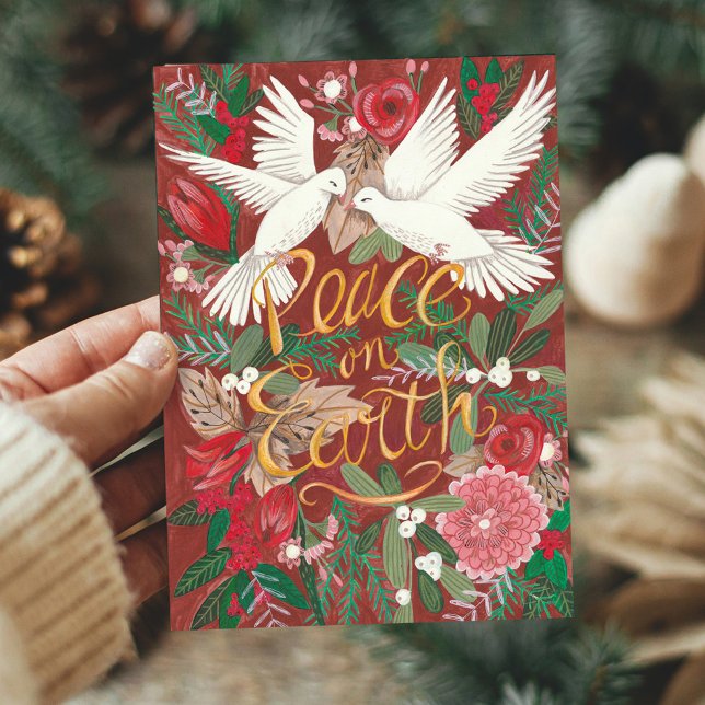Cartes Pour Fêtes Annuelles Paix rouge botanique sur Terre | Oiseaux de colomb (Botanical Red Peace on Earth | Dove Birds Floral Holiday Card)