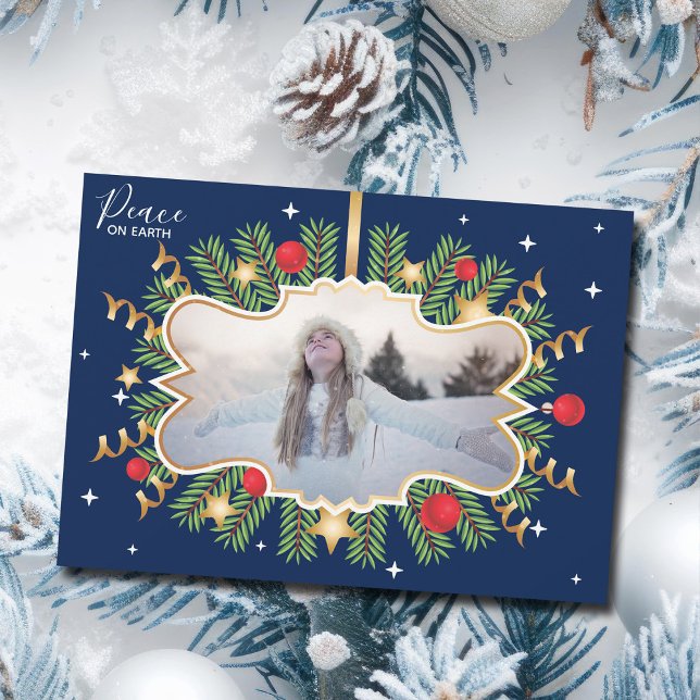 Cartes Pour Fêtes Annuelles Paix sur Terre Beau bleu Photo Wreath Moderne (Créateur téléchargé)