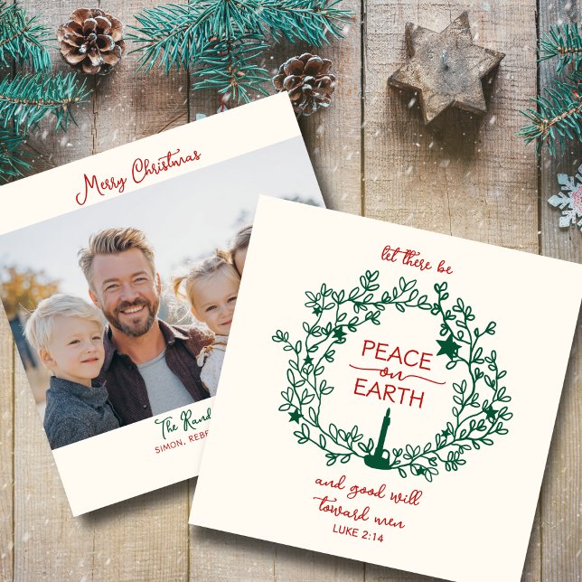 Cartes Pour Fêtes Annuelles Paix sur Terre Écriture Main Drag Wreath Photo (Keepsake Christian Christmas card to spread peace & joy)