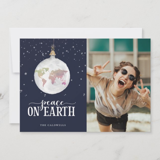 Cartes Pour Fêtes Annuelles Paix sur Terre Globe Ornement Photo Bleue (Devant)