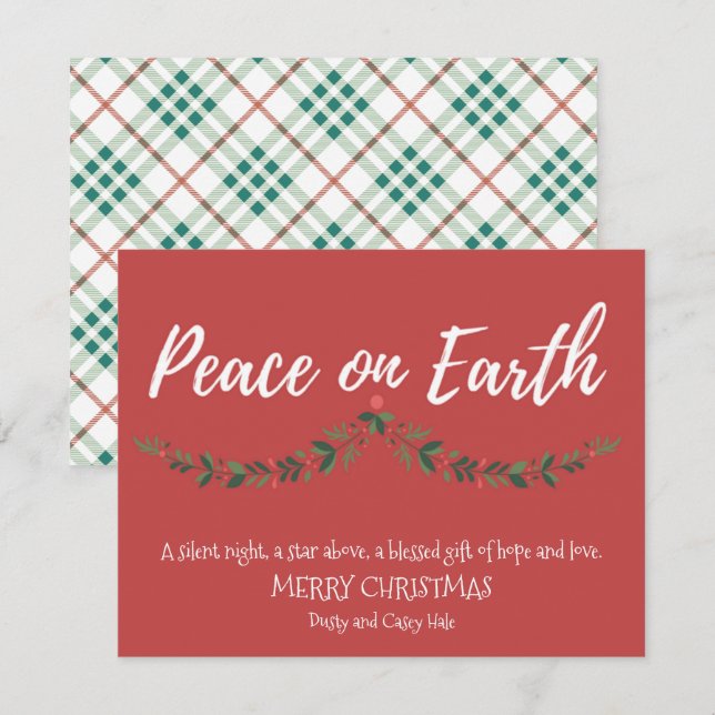 Cartes Pour Fêtes Annuelles Paix sur Terre Holly Red Plaid Religieux (Devant / Derrière)