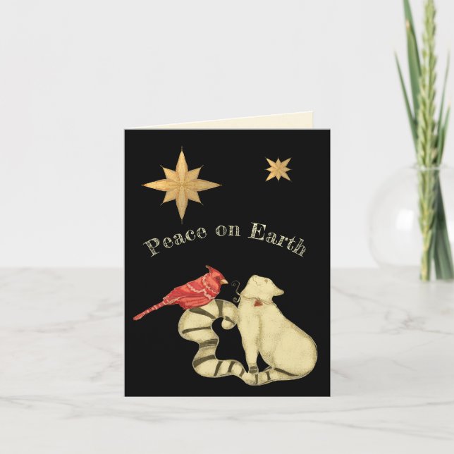 Cartes Pour Fêtes Annuelles Paix sur Terre Noël Chat et oiseau (Devant)