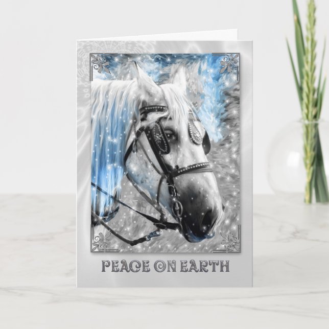Cartes Pour Fêtes Annuelles Paix sur Terre Noël Cheval Blanc (Devant)