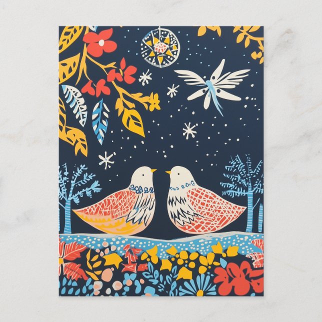 Cartes Pour Fêtes Annuelles Paix sur Terre, Oiseaux Festifs Nature Folk Charme (Devant)