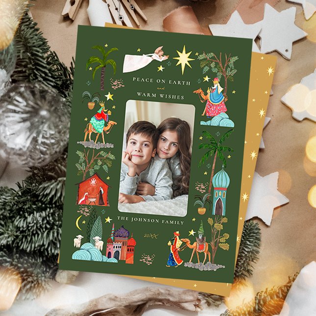 Cartes Pour Fêtes Annuelles Paix sur Terre Trois hommes sages Noël vert (Peace on Earth Three Wise men green Christmas Holiday Card)