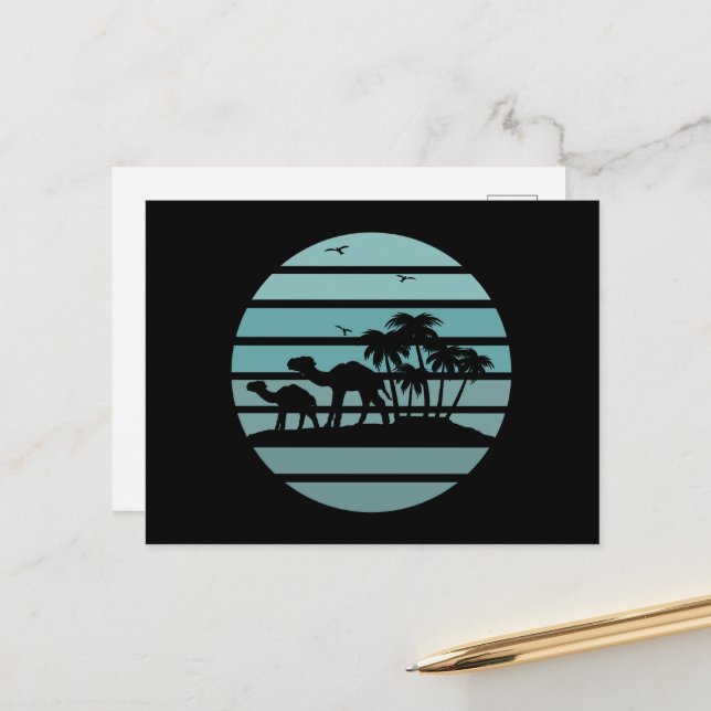 Cartes Pour Fêtes Annuelles palmiers et chameaux (Devant/Arrière en situation)