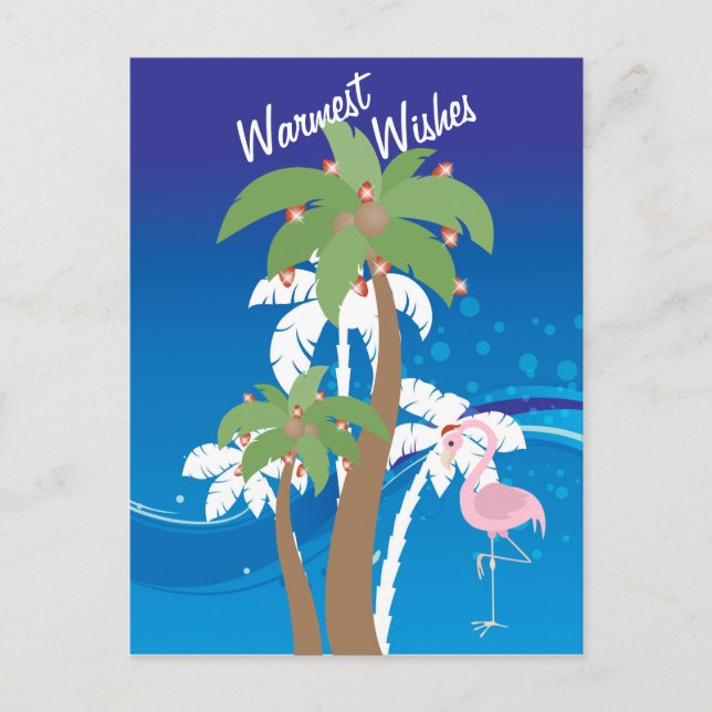 Cartes Pour Fêtes Annuelles Palmiers, Père Noël Flamant rose Beach Noël (Devant)