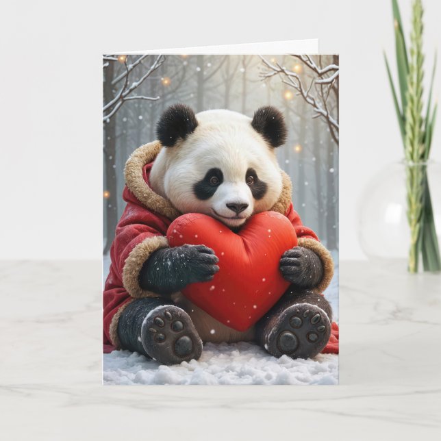 Cartes Pour Fêtes Annuelles Panda Bear frappe un Coussin de coeur rouge (Devant)