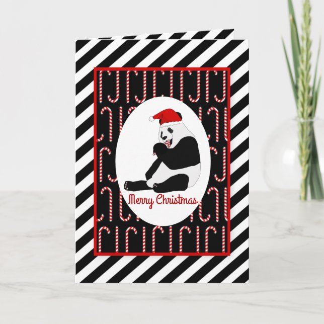 Cartes Pour Fêtes Annuelles Panda Bear Sucres de canne et rayures Noël (Devant)