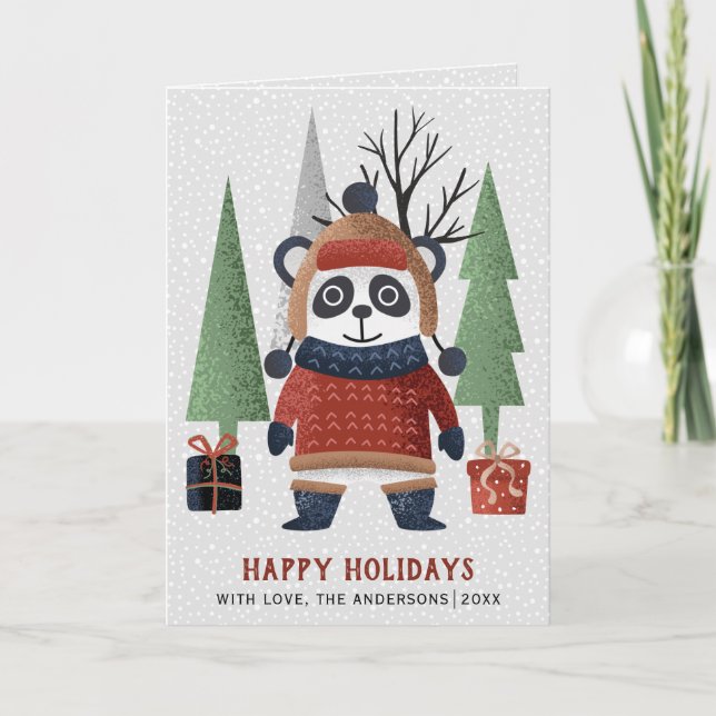 Cartes Pour Fêtes Annuelles Panda d'hiver et arbres photo de Noël pliée (Devant)