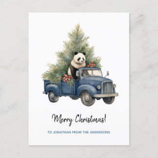 Cartes Pour Fêtes Annuelles Panda drôle dans Blue Retro Truck Xmas