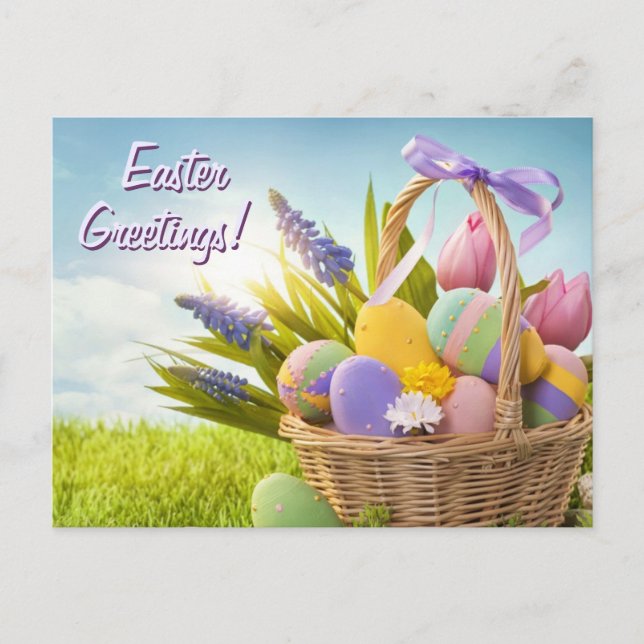 Cartes Pour Fêtes Annuelles Panier avec oeufs de Pâques sur l'herbe verte (Devant)