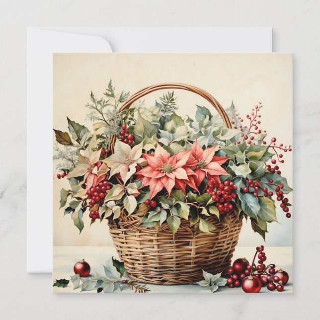 Cartes Pour Fêtes Annuelles Panier de Noël aux fleurs de Poinsettia, baies (Devant)