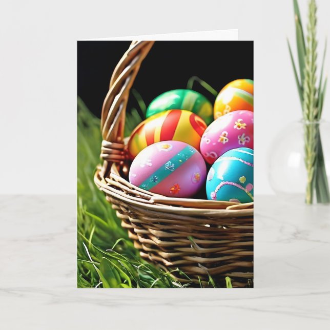 Cartes Pour Fêtes Annuelles Panier de Pâques avec oeufs sur l'herbe (Devant)