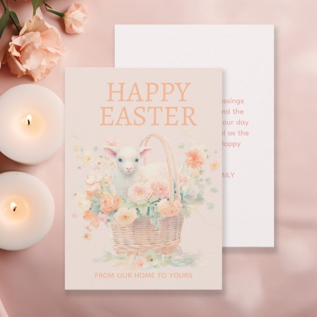 Cartes Pour Fêtes Annuelles Panier de Pâques d'agneau Peach rose Floral (Baby lamb Easter basket greeting card.)