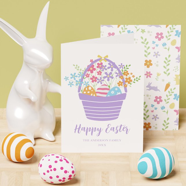 Cartes Pour Fêtes Annuelles Panier de Pâques floral simple et coloré Pastel (Simple Colorful Floral Easter Basket Pastel Holiday Card)