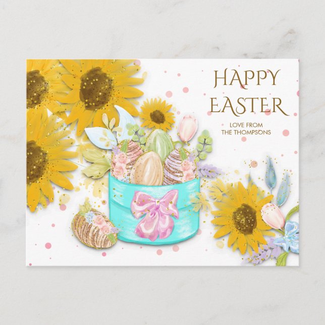 Cartes Pour Fêtes Annuelles Panier de tournesols Oeufs de Pâques Nom Blanc (Devant)