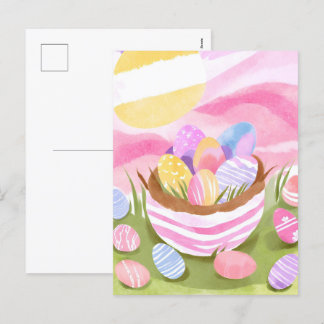 Cartes Pour Fêtes Annuelles Panier d'oeufs de Pâques rose | Aquarelle Pastel